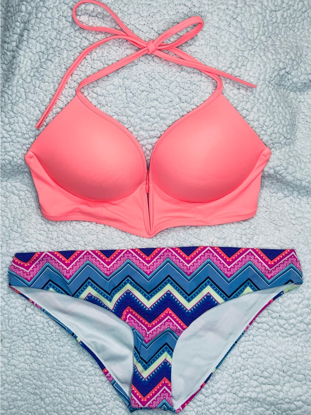PINK Victoria's Secret Coral Halter Bikini Top with Chevron Print Bottom